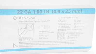 BD 383552 Nexiva Closed IV Cath. System 22Ga 1.00inch (x)